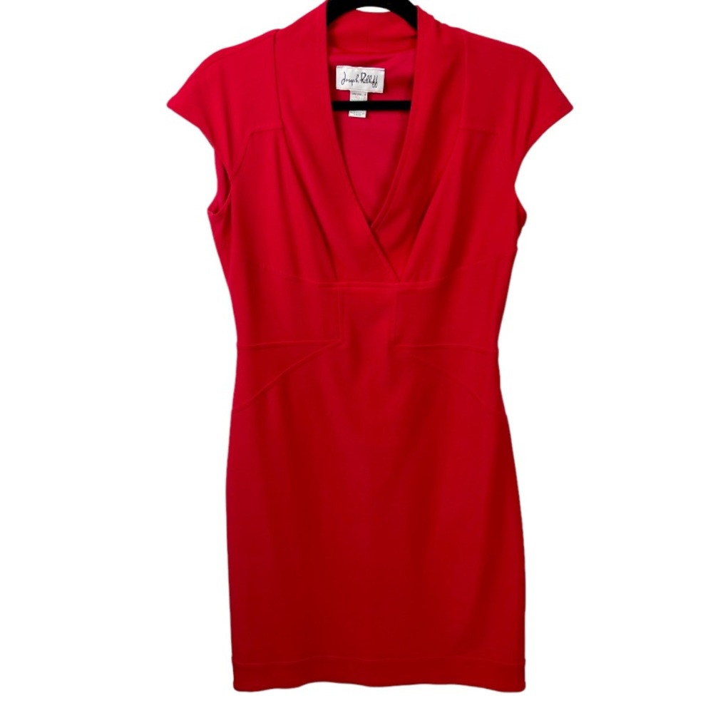 Joseph Ribkoff Red Cap Sleeve V-Neck Stretch Side Zipper Body-Con Dress, Sz 8